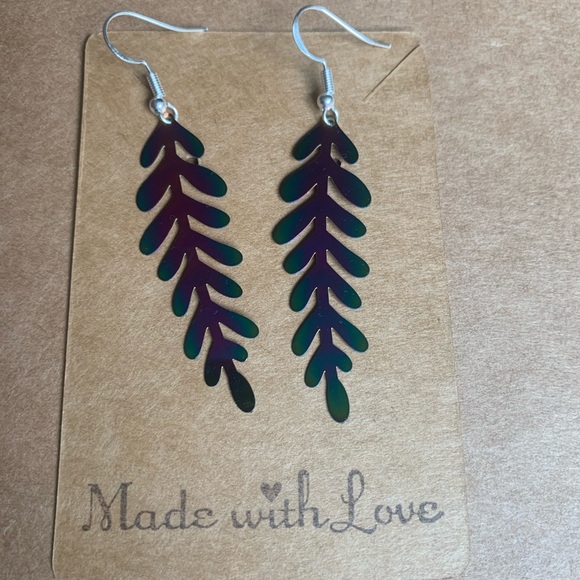 ✨NWT✨ Iridescent Fern Dangling Earring ✨Handmade✨ Artisan✨925 Silver Hooks - Picture 4 of 6